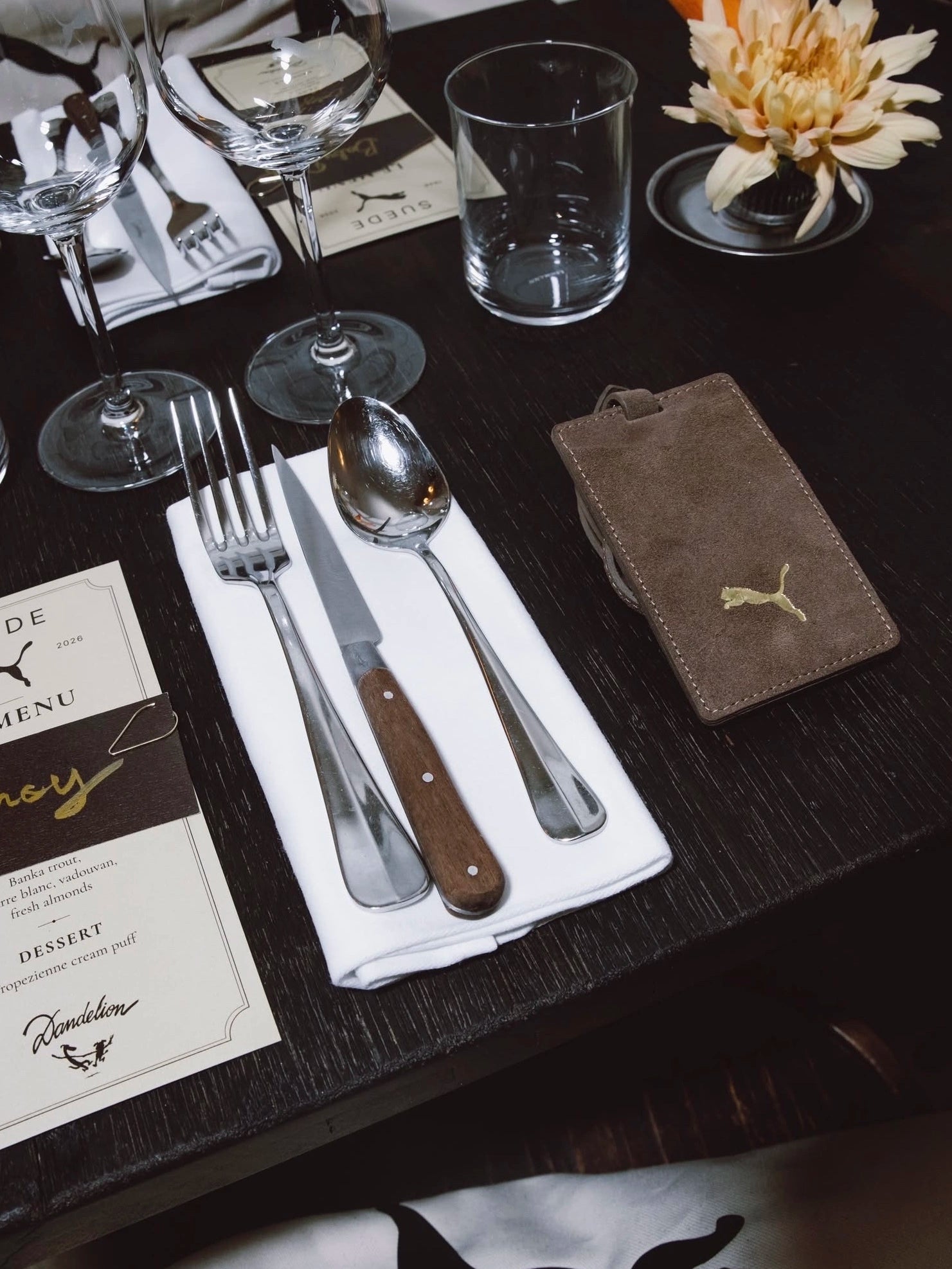 Bespoke suede card holders for PUMA’s Friends & Family Dinner w/ @pumasportstyle